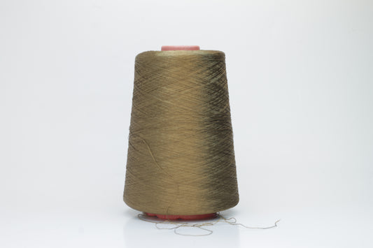 Close-up of a spool of finely twisted, single-ply Organzino silk yarn in a deep, lustrous bronze hue, catching light with a subtle, elegant sheen.