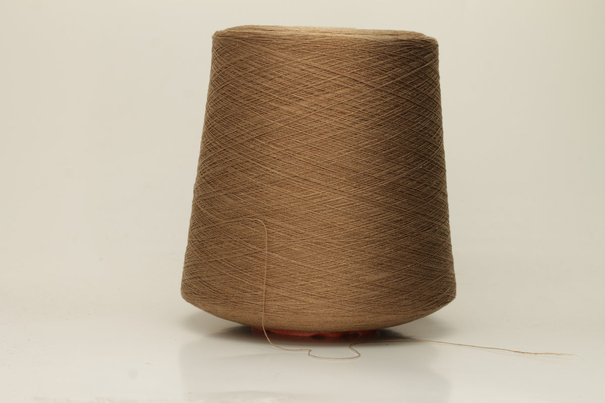 Close-up of a meticulously twisted 2-ply brown silk yarn, showcasing its deep, warm chocolate hue and brilliant, natural sheen, with a smooth, luxurious texture.