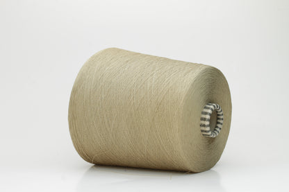 Close-up of finely spun Khaki Beige Heather 100% cotton yarn, exhibiting a soft, matte sheen and a gentle two-ply twist. The sophisticated blend of khaki and beige fibers creates a nuanced, earthy tone.