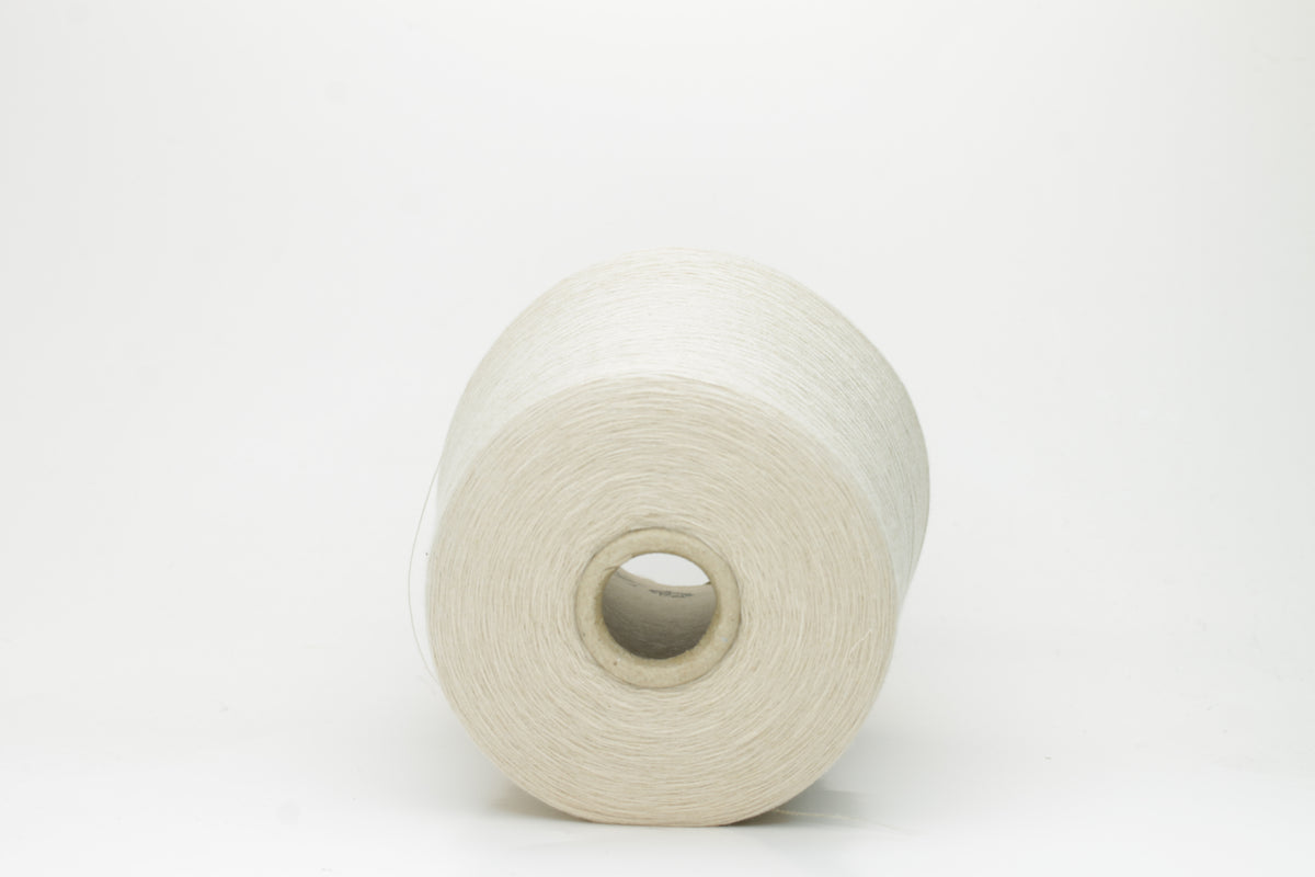 Close-up of a neatly wound cone of fine, smooth 4-ply cotton yarn in a soft off-white hue, showing a subtle matte sheen and even twist.