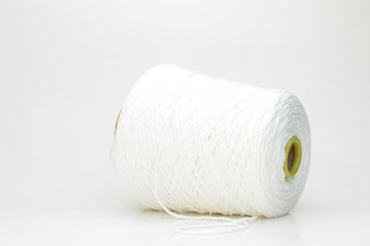 Close-up of a pristine white, single-ply cotton yarn with a smooth, even texture and subtle matte sheen, gently coiled.