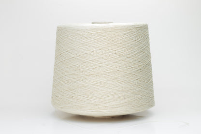 A soft light beige three-ply linen yarn, tightly twisted with a subtle natural sheen, presented in a neatly wound skein, showcasing its crisp, cool texture.