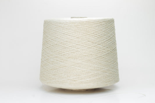 A soft light beige three-ply linen yarn, tightly twisted with a subtle natural sheen, presented in a neatly wound skein, showcasing its crisp, cool texture.