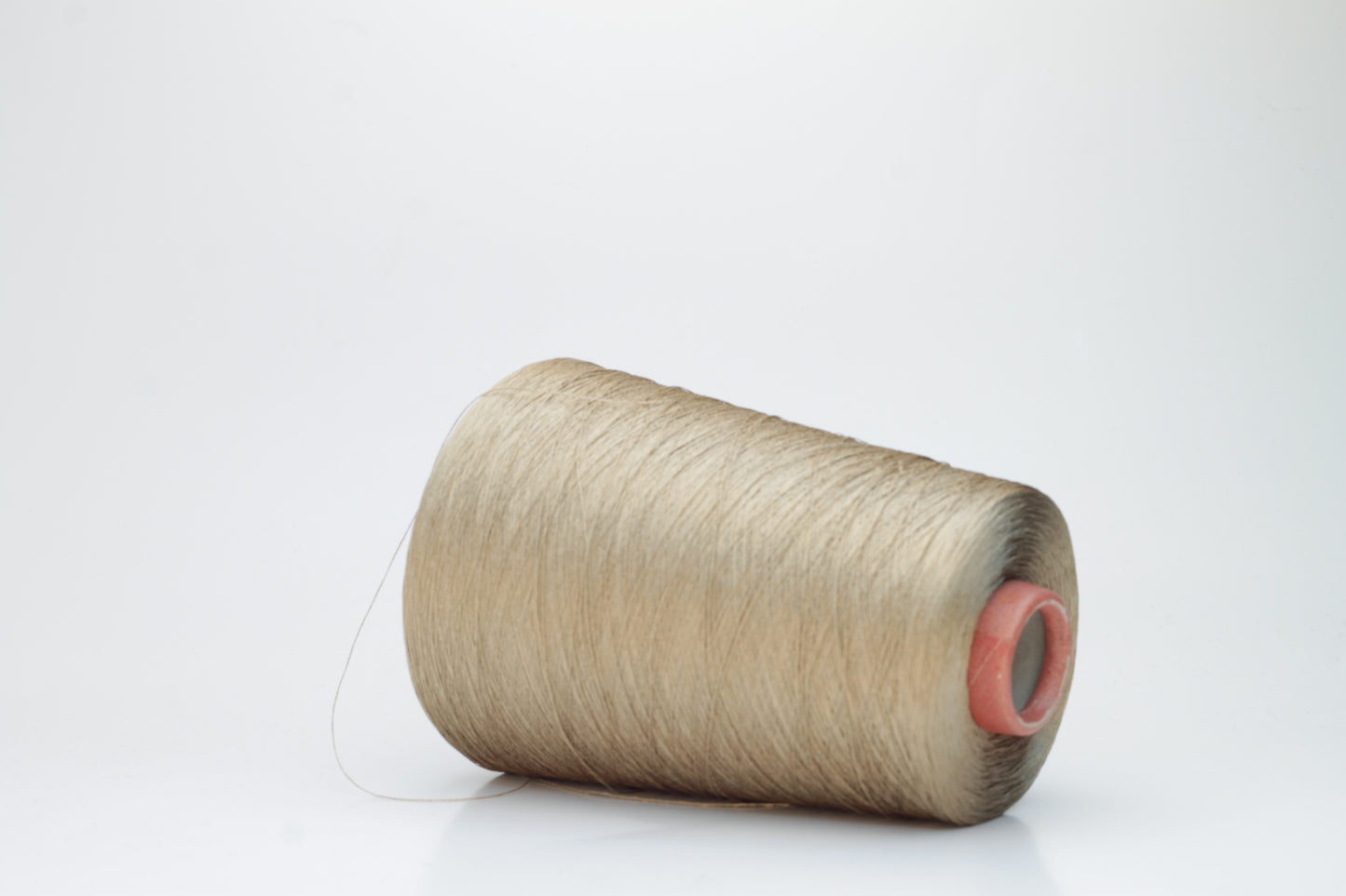 Finely spun single-ply natural beige silk yarn, smoothly wound into a compact cake, exhibiting a high, natural sheen. The thread has a crisp, uniform structure with no visible fluffiness.
