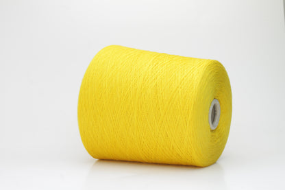 Close-up of luxurious Yellow Merino wool yarn, two-ply twist with a soft, subtle sheen, and fine, consistent thread structure.