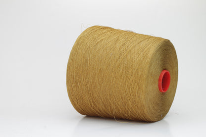 Fine, single-ply linen yarn in a rich Muted Mustard. Reveals a crisp texture and subtle natural sheen, typical of pure linen fiber.