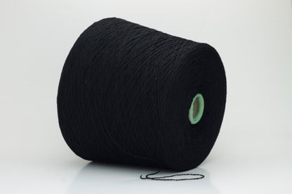 Luxurious black cashmere yarn, two-ply twist with a subtle sheen, displaying deep, consistent color and a fine, soft texture ready for crafting.