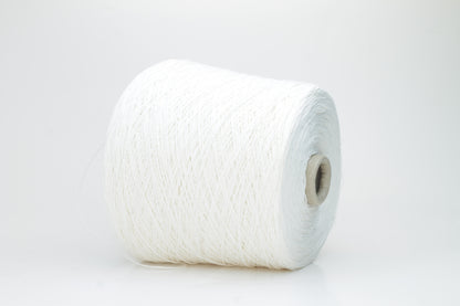 Close-up of pristine white linen and viscose blend yarn, softly twisted with a subtle sheen, showcasing its fine, smooth texture.