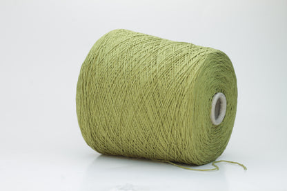 Close-up view of the Silk Bourette 100% yarn in Olive color, showcasing its exceptionally fine ply twist and soft sheen – a luxurious texture perfect for knitting or weaving.