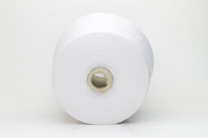 Close-up of a spool of pure white, smooth, 4-ply 100% cotton yarn with an even twist and soft matte finish, ready for textile projects.