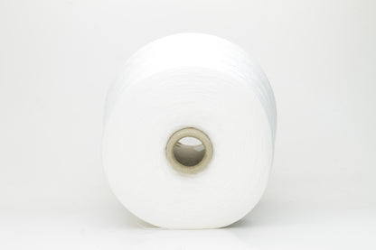 A pristine skein of bright pure white, two-ply cotton yarn, featuring a smooth, uniform twist and a subtle, sophisticated sheen.
