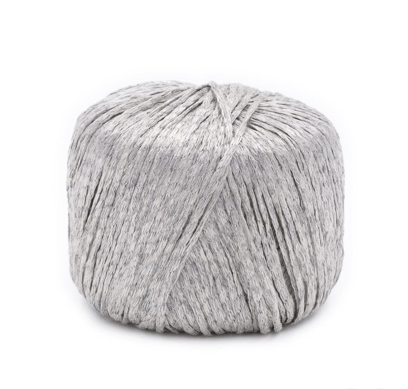 Silver, 54% Viscose & 56% Polyester yarn in Skeins. 50gr.Worsted. Per Ball