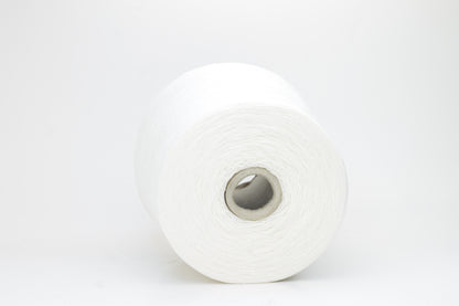 A soft white three-ply linen yarn, tightly twisted with a subtle natural sheen, presented in a neatly wound skein, showcasing its crisp, cool texture.