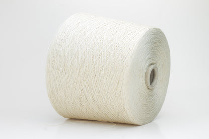 A soft light beige three-ply linen yarn, tightly twisted with a subtle natural sheen, presented in a neatly wound skein, showcasing its crisp, cool texture.