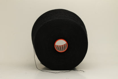 Rich, deep black 2-ply yarn with a fine, smooth twist; exhibits a subtle sheen and incredibly soft, uniform texture.
