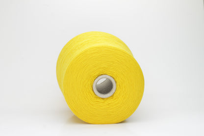 Close-up of luxurious Yellow Merino wool yarn, two-ply twist with a soft, subtle sheen, and fine, consistent thread structure.