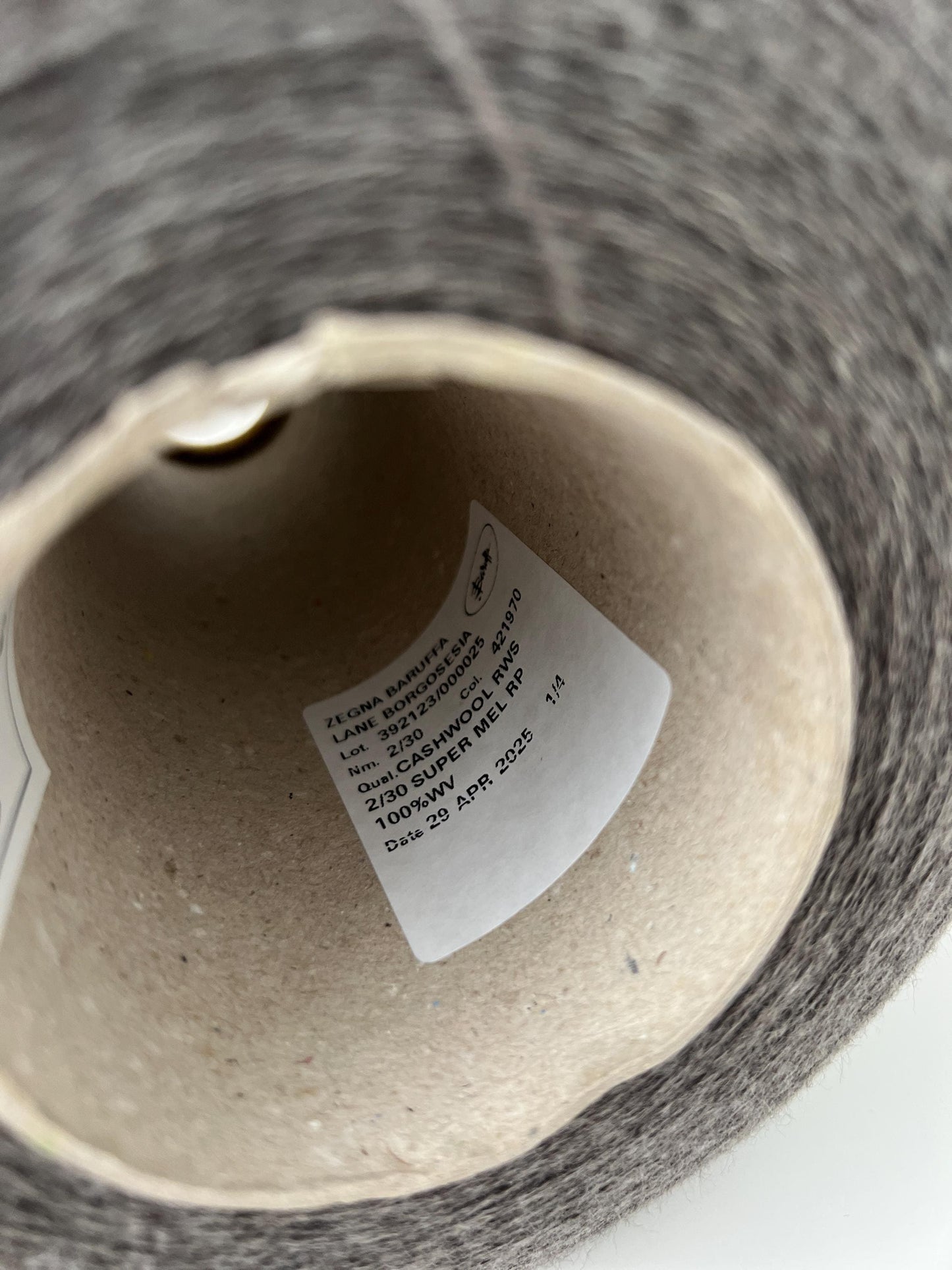 100% Merino yarn on cone. Cashwool,Nm2/30, ZEGNA,Color Gray.Per 100 gr